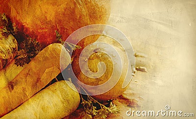 Background texture with pumpkins, carrots, seeds, butternut squash and herbs - Still life composition with seasonal vegetables of Stock Photo