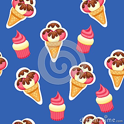 Background of texture strawberry and vanilla Ice Cream dessert and Strawberry Muffin. Vector Illustration