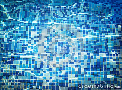 Background texture of water with mosaic bottom caustics ripple in swimming pool. Shining sun reflection, motion of wave. Summer. Stock Photo