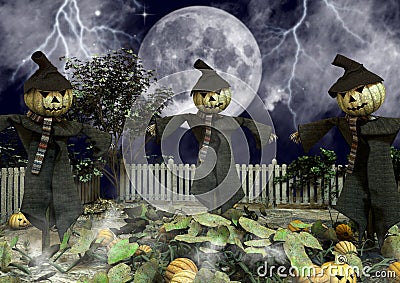 Three scarecrows with Halloween pumpkin heads. Stock Photo