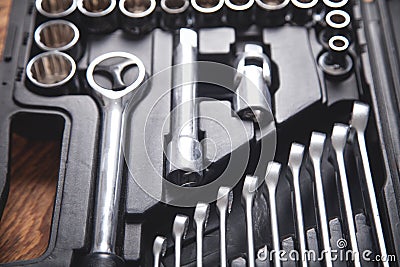 Background of a toolbox. Wrenches of different sizes Stock Photo