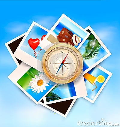 Background with travel photos and compass. Vector Illustration