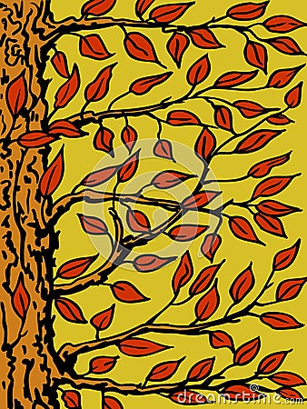 Background with a tree. The trunk, branches and leaves close-up. Vector illustration. Cartoon Illustration