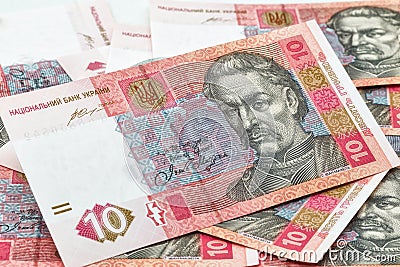 Background of Ukrainian ten hryvnas banknotes Stock Photo