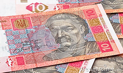 Background of Ukrainian ten hryvnas banknotes Stock Photo