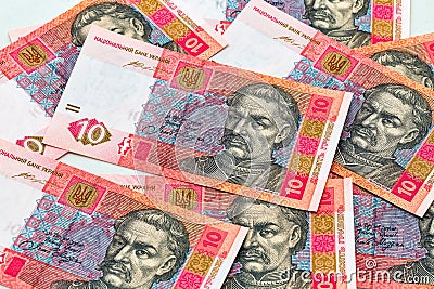 Background of Ukrainian ten hryvnas banknotes Stock Photo