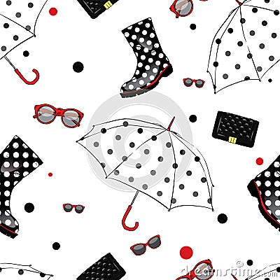 Background of umbrellas, rubber boots, handbags and eyewear. Spring and autumn shoes and accessories. Vector Illustration