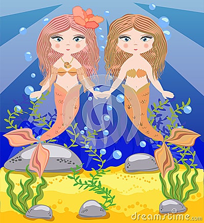 background with an underwater world in a children\'s style. A mermaid is sitting on a rock Stock Photo