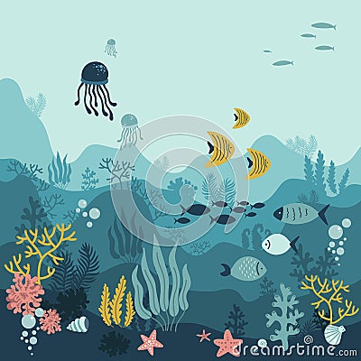 Background underwater world, sea ocean, fish animals, algae and coral reefs, vector illustration Vector Illustration