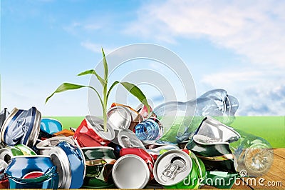 Background of various crashed beer cans Stock Photo