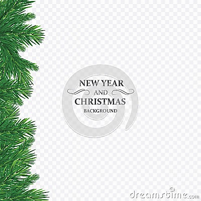 Background with vector christmas tree branches and space for text. Realistic fir-tree border, frame isolated on white Vector Illustration