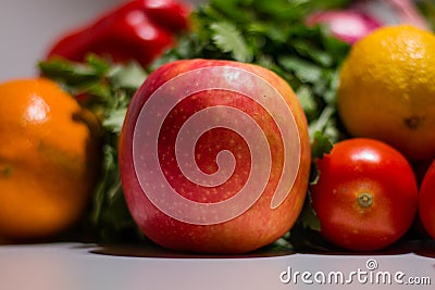 Background of vegetables different fresh farm vegetables. Food or Healthy diet concept, top view and light effects. Composition Stock Photo