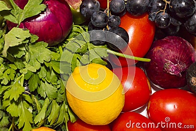 Background of vegetables different fresh farm vegetables. Food or Healthy diet concept, top view and light effects. Composition Stock Photo