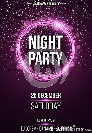 Background vertical poster for a night party. Shining purple banner with purple dust. Abstract purple lights. Festive poster. DJ a Cartoon Illustration