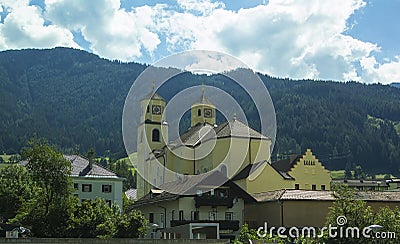 Background view of a beautiful Christian church in a village in Tyrol Stock Photo