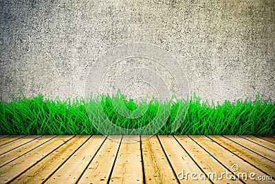 Background with vintage wall and green grass Stock Photo