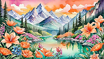 Background wallpaper mountain nature beauty river pond lilly floral blossom Cartoon Illustration