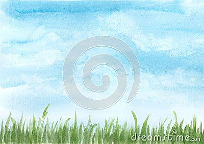 Background watercolor illustration, blue sky with green meadow Cartoon Illustration