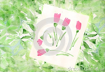 Background with watercolor leaves and tulips flowers Stock Photo