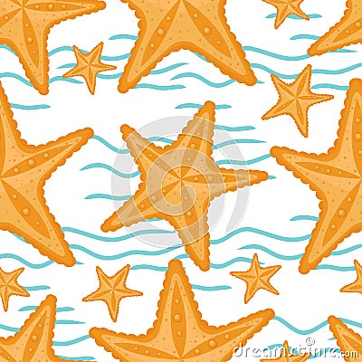 Background with waves and starfish, seamless sea pattern. Stock Photo