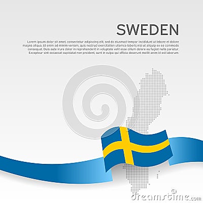 Background with wavy flag and mosaic map of sweden. Sweden flag with wavy ribbon. National poster design. Business booklet. State Vector Illustration