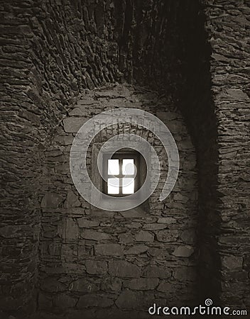 Background which the structure of window of an old mysterious castle Stock Photo