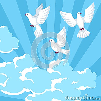 Background with white doves. Beautiful pigeons faith and love symbol Vector Illustration