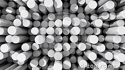 Background of white reflective extruded cylinders or rods at var Stock Photo