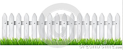 Background with a white wooden fence with grass. Vector Illustration