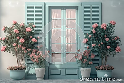 Background. Window with shutters and flowers in pots. AI generative Stock Photo