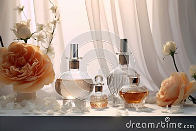 woman scent glass clear aroma smell fragrance flower perfume cosmetic bottle. Generative AI. Stock Photo