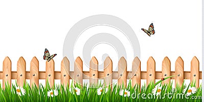 Background with a wooden fence with grass, flowers Vector Illustration