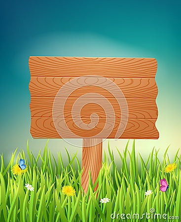 Background with a wooden sign. Cartoon Illustration