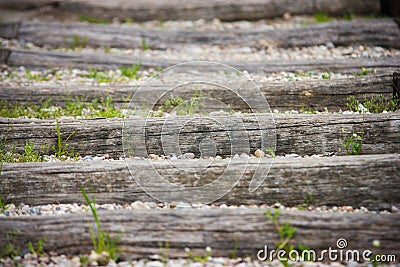 Background of wooden steps, grass and stones Stock Photo