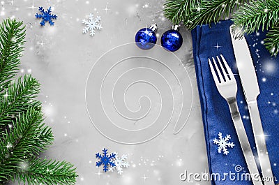 Background for Writing the Christmas Menu. Winter Table Setting. Stock Photo