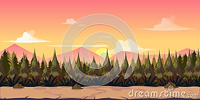 Background for your game, created in modern pinky colours. Sunset and twilight time. Cartoon Illustration