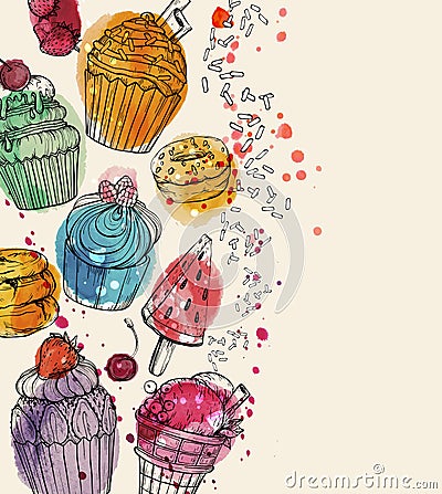 Background with yummy, colorful watercolor ice cream and cupcakes . Vector Illustration