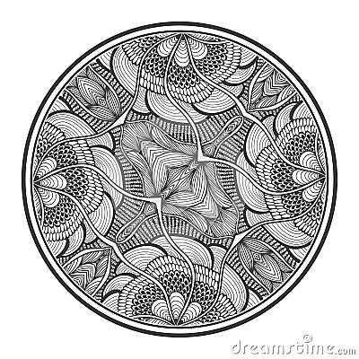 Background with Zen-doodle pattern black on white in circle Vector Illustration