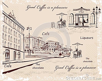 Backgrounds decorated with old town views and street cafes Vector Illustration