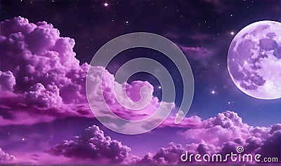 backgrounds night sky with stars and moon and clouds, purple tone. Stock Photo