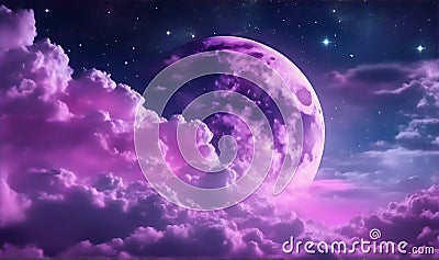 backgrounds night sky with stars and moon and clouds, purple tone. Stock Photo