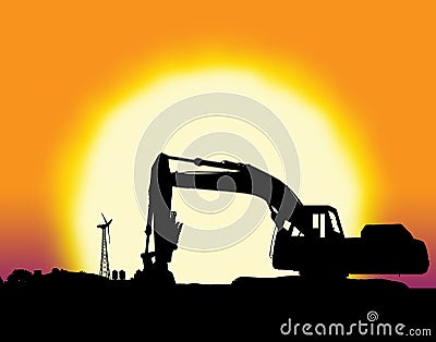 Backhoe with big yellow sunset Stock Photo