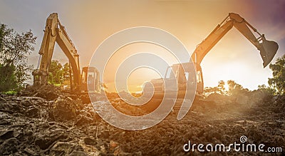 Backhoe to excavate the soil on the ground construction site Stock Photo