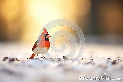 backlit cardinal on snowy ground at sunrise Stock Photo