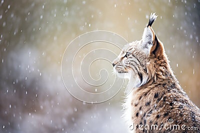 backlit lynx with snow flurries around Stock Photo