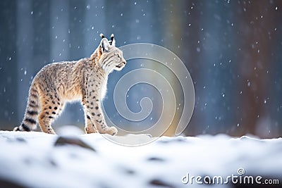 backlit lynx with snow flurries around Stock Photo