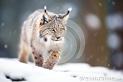 backlit lynx with snow flurries around Stock Photo