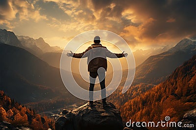 Backlit by morning sun, young tourist admires foggy mountain range, arms outstretched Stock Photo