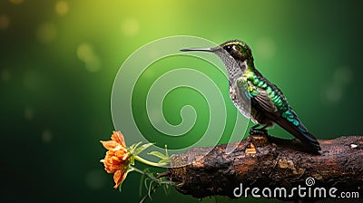 Backlit Photography: Emerald Hummingbird On Branch With Floral Background Stock Photo