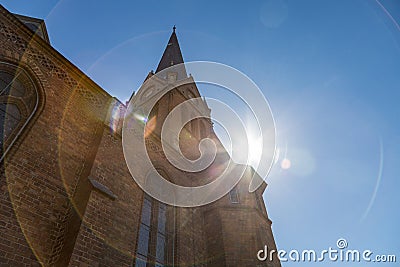 Backlit shot of a steeple Stock Photo